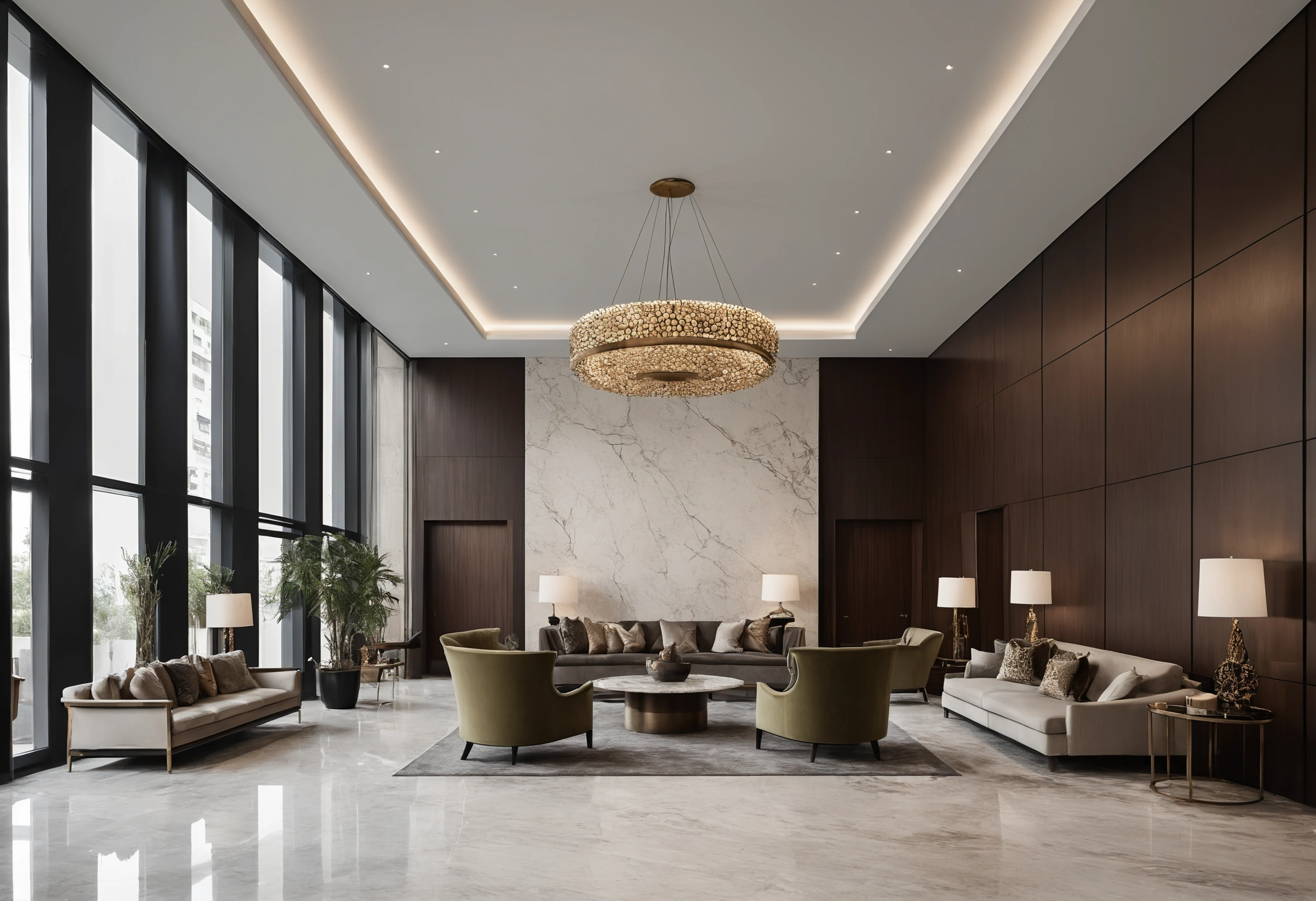 Double-height residential tower lobby with stone cladding, bronze detailing and a concierge desk