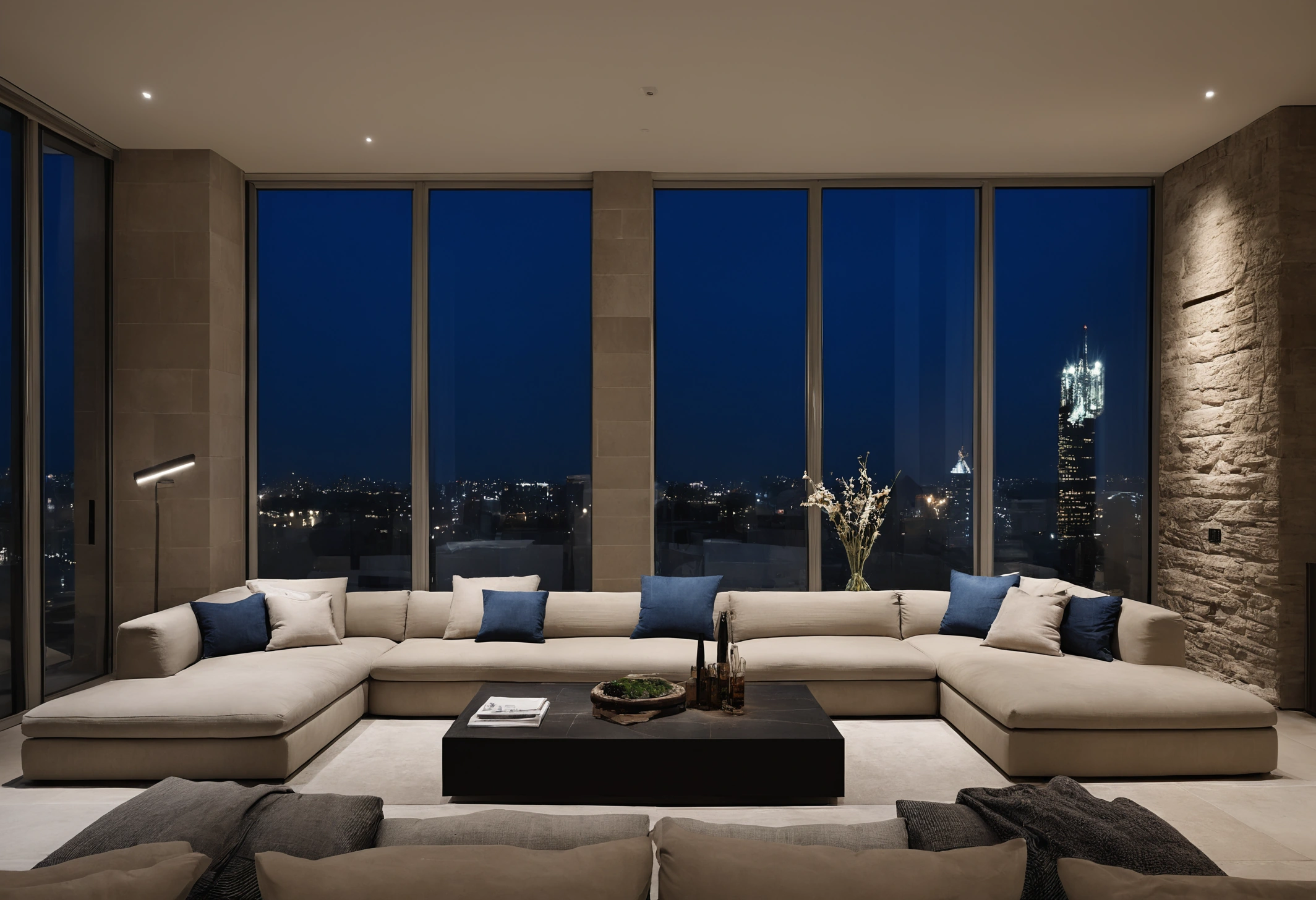 Large penthouse living space with full-height glazing, stone floors and a city view at dusk