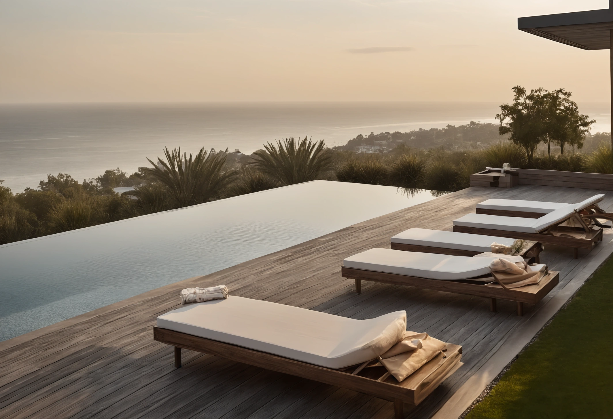 Residential building amenity deck with an infinity pool, cabanas and landscaped seating above the city